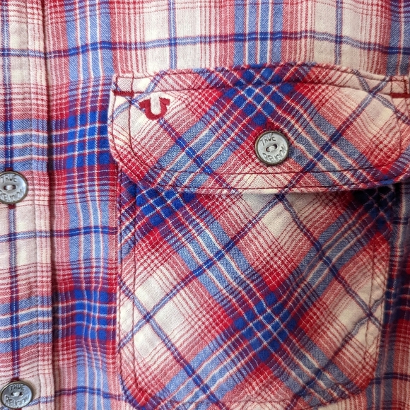 True Religion Men's Red Flannel Plaid button down pocket logo size L - Picture 4 of 12